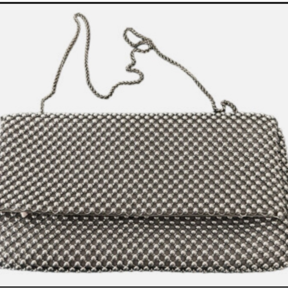 Nina Silver Metal Beaded Mesh Clutch Shoulder Bag w/ Delicate Chain